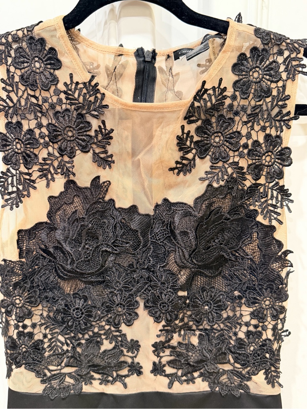 Caribbean Queen Black Floral Lace Appliqué Mini Dress with Nude Bodice - Picture 3 of 5